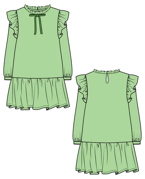 Kobiety Dziewczęta Noszą Zieloną Sukienkę Szkic Wektora Przedniego Tylnego — Wektor stockowy