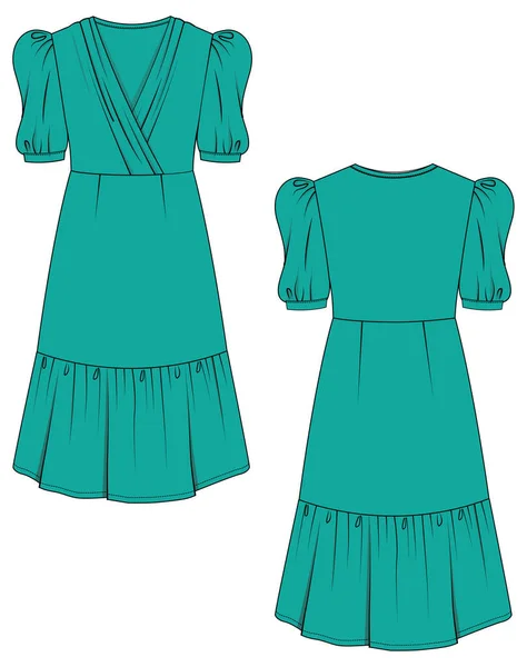 女性と女の子はファッション緑のドレス フロントとバックベクトルスケッチデザインを着用 — ストックベクタ