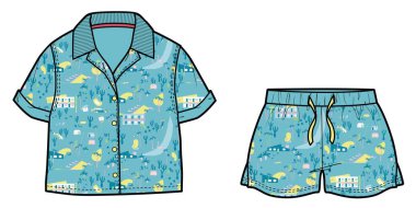 Çocuklar koordine edilmiş tişört ve kısa şort giyer. VECTOR SKETCH