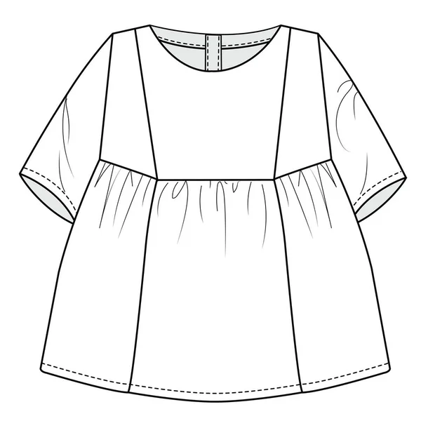 Vector Sketch Illustration Embroidered Smock Dress Flat — Stock Vector