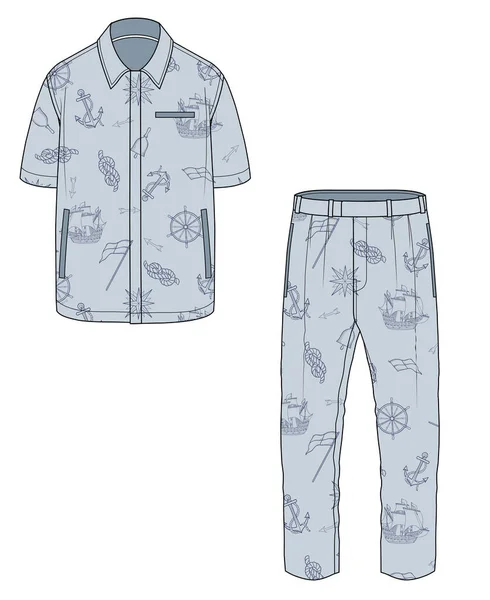 Hombres Niños Usan Resort Set Camisa Pantalón Vector Bosquejo — Archivo Imágenes Vectoriales