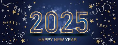 Süslü yeni yıl afişi. 2025 altın parıltılı sayı. Düşen konfeti kurdeleleri ve yıldızlar. Altın ve gümüş çerçeve. Kış tatili için, yeni yıl kutlamaları için, parti ilanları için. Vektör illüstrasyonu.