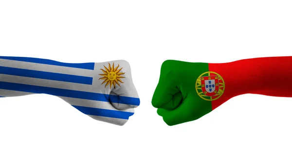 Portugal Uruguay Mão Bandeira Homem Mãos Modelado Futebol Copa Mundo — Fotografia de Stock