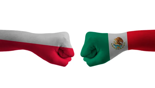 Mexiko Gegen Polen Handfahne Mann Hände Gemustert Fußball — Stockfoto