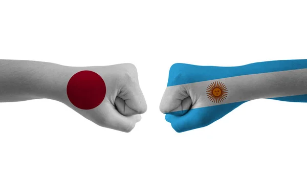 Argentinien Gegen Japan Handfahne Mann Hände Gemustert Fußball — Stockfoto