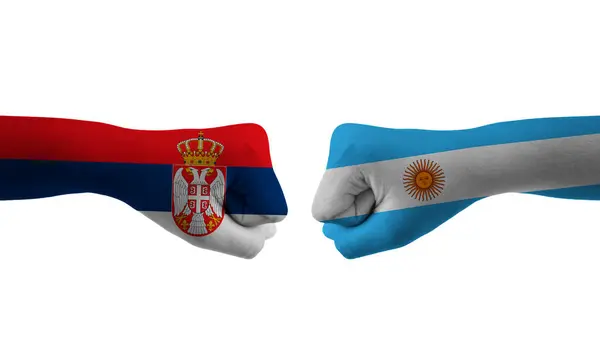 Argentina Srbsko Ruční Vlajka Muž Ruce Vzorované Fotbalové Mistrovství Světa — Stock fotografie