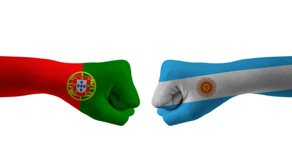 Argentina Portugalsko Ruční Vlajka Muž Ruce Vzorované Fotbalové Mistrovství Světa — Stock fotografie