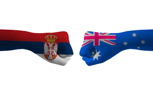 Austrálie Srbsko Ruční Vlajka Muž Ruce Vzorované Fotbalové Mistrovství Světa — Stock fotografie