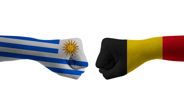 Βέλγιο Uruguay Χέρι Σημαία Man Χέρια Μοτίβο Ποδόσφαιρο Παγκόσμιο Κύπελλο — Φωτογραφία Αρχείου
