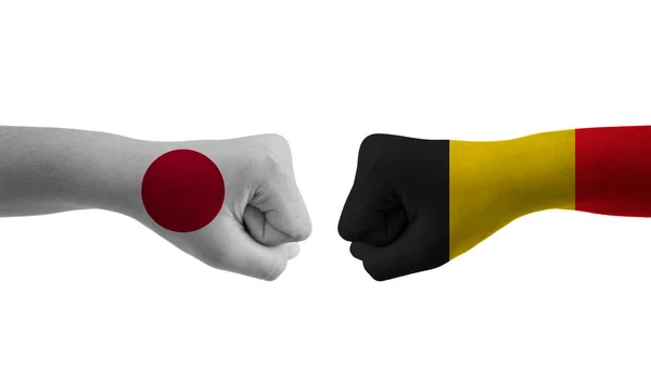 Βέλγιο Ιαπωνία Χέρι Σημαία Άνθρωπος Χέρια Μοτίβο Ποδόσφαιρο Παγκόσμιο Κύπελλο — Φωτογραφία Αρχείου