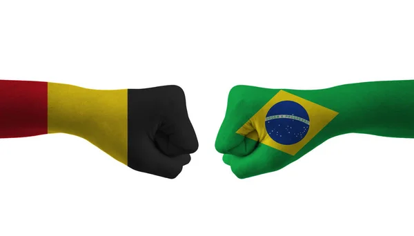 Βραζιλία Βέλγιο Χέρι Σημαία Άνθρωπος Χέρια Μοτίβο Ποδόσφαιρο Παγκόσμιο Κύπελλο — Φωτογραφία Αρχείου