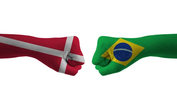 Brasil Bandera Mano Dinamarca Manos Hombre Copa Del Mundo Fútbol —  Fotos de Stock