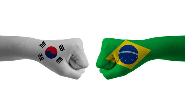 Brazília Dél Koreai Kéz Zászló Férfi Kéz Mintás Labdarúgó Világkupa — Stock Fotó