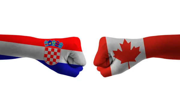 Kanada Kroatia Käsi Lippu Mies Kädet Kuviollinen Jalkapallo Maailmancupin — kuvapankkivalokuva
