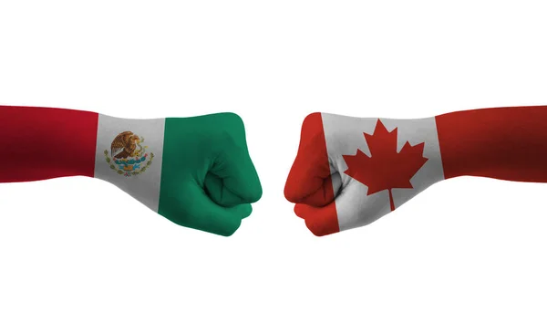 Kanada Gegen Mexiko Handfahne Mann Hände Gemustert Fußball — Stockfoto