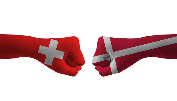 Dánsko Švýcarsko Ruka Vlajka Muž Ruce Vzorované Fotbalové Mistrovství Světa — Stock fotografie