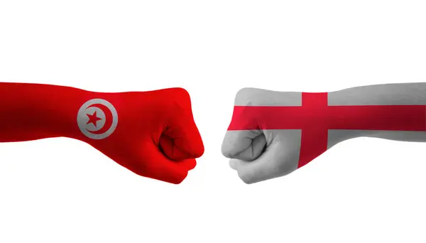 Engeland Tunesië Hand Vlag Man Handen Patroon Voetbal Wereldbeker — Stockfoto
