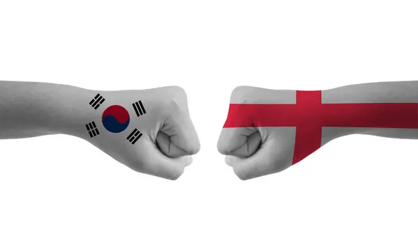 Engeland Zuid Korea Hand Vlag Man Handen Patroon Voetbal Wereldbeker — Stockfoto