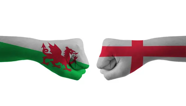 Engeland Wales Hand Vlag Man Handen Patroon Voetbal Wereldbeker — Stockfoto