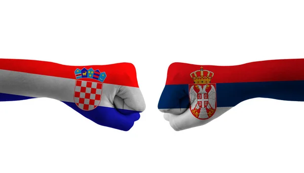 Srbsko Chorvatsko Ruční Vlajka Muž Ruce Vzorované Fotbalové Mistrovství Světa — Stock fotografie