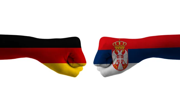 Σερβία Γερμανίας Χέρι Σημαία Άνθρωπος Χέρια Μοτίβο Ποδόσφαιρο Παγκόσμιο Κύπελλο — Φωτογραφία Αρχείου