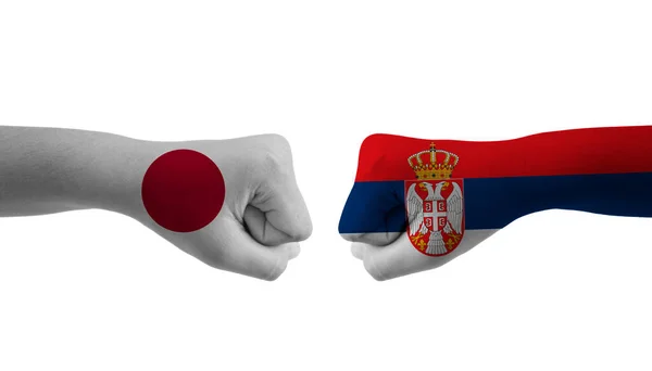 Сербія Японія Вручає Прапору Чоловічий Візерунок Футбольний Чемпіонат Світу — стокове фото