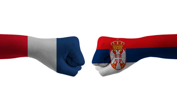 Σερβία Γαλλία Χέρι Σημαία Άνθρωπος Χέρια Μοτίβο Ποδόσφαιρο Παγκόσμιο Κύπελλο — Φωτογραφία Αρχείου