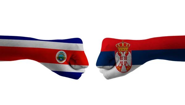 Srbsko Kostarika Ruční Vlajka Muž Ruce Vzorované Fotbalové Mistrovství Světa — Stock fotografie