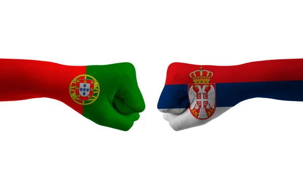 Srbsko Portugalsko Ruční Vlajka Muž Ruce Vzorované Fotbalové Mistrovství Světa — Stock fotografie