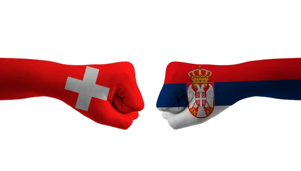 Sérvia Suíça Mão Bandeira Homem Mãos Modelado Futebol Copa Mundo — Fotografia de Stock