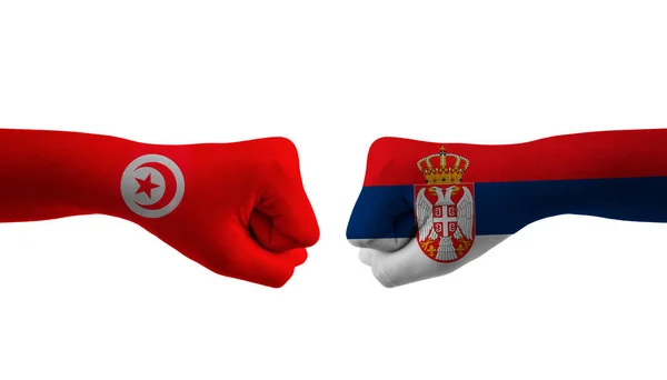 Srbsko Tunisko Ruka Vlajka Muž Ruce Vzorované Fotbalové Mistrovství Světa — Stock fotografie
