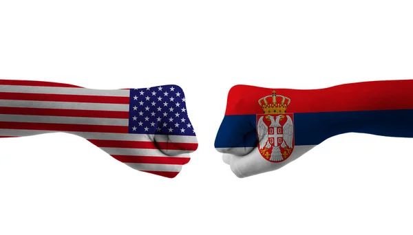 Srbsko Spojené Státy Americké Ruční Vlajka Muž Ruce Vzorované Fotbalové — Stock fotografie