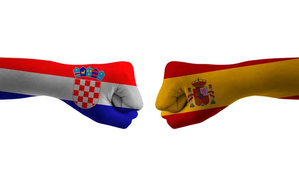 Španělsko Chorvatsko Ruční Vlajka Muž Ruce Vzorované Fotbalové Mistrovství Světa — Stock fotografie