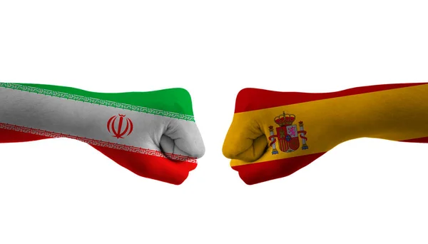 Spain Vs伊朗国旗人的手在世界杯上有花纹 — 图库照片
