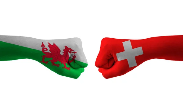 Švýcarsko Wales Ruční Vlajka Muž Ruce Vzorovaný Fotbalový Mistrovství Světa — Stock fotografie