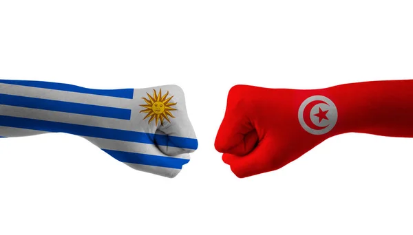 Tunesien Uruguay Handfahne Mann Reicht Gemusterte Fußballweltmeisterschaft — Stockfoto