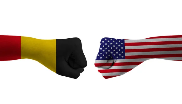 Ηνωμένες Πολιτείες Βέλγιο Χέρι Σημαία Man Χέρια Μοτίβο Ποδοσφαίρου Παγκόσμιο — Φωτογραφία Αρχείου
