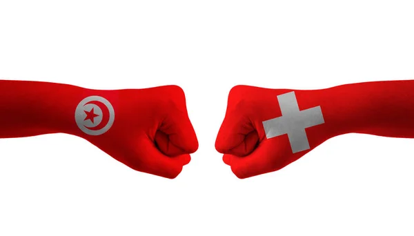 Switzerland Tunisia Hand Flag Man Hands Patterned Football World Cup — стокове фото