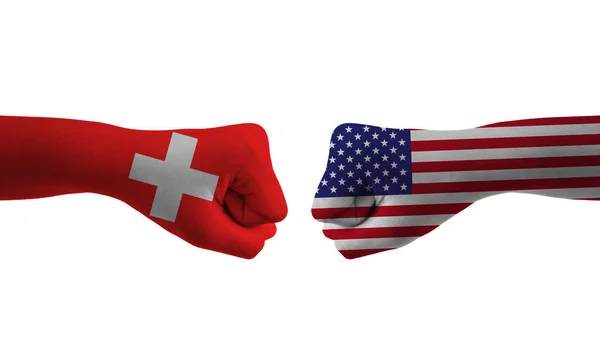 Spojené Státy Švýcarsko Ruka Vlajka Muž Ruce Vzorované Fotbalové Mistrovství — Stock fotografie