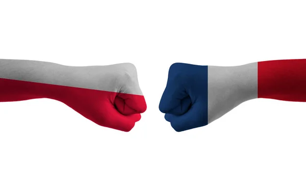 Francja Polska Strony Flaga Mężczyzna Ręce Wzorzyste Piłki Nożnej Mistrzostwa — Zdjęcie stockowe