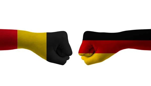 Γερμανία Βέλγιο Χέρι Σημαία Man Χέρια Μοτίβο Ποδόσφαιρο Παγκόσμιο Κύπελλο — Φωτογραφία Αρχείου