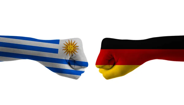 Deutschland Gegen Uruguay Handfahne Mann Reicht Gemusterte Fußballweltmeisterschaft — Stockfoto