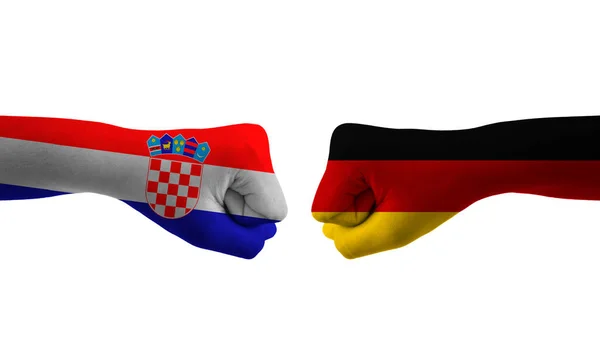 Γερμανία Κροατία Χέρι Σημαία Άνθρωπος Χέρια Μοτίβο Ποδόσφαιρο Παγκόσμιο Κύπελλο — Φωτογραφία Αρχείου