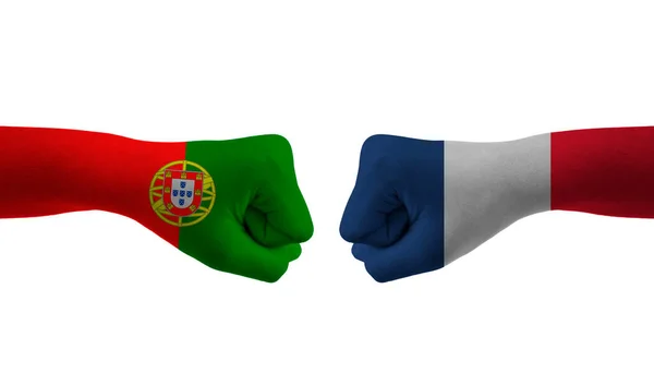 Francie Portugalsko Ruční Vlajka Muž Ruce Vzorované Fotbalové Mistrovství Světa — Stock fotografie