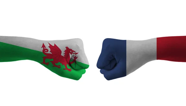 Frankrijk Wales Hand Vlag Man Handen Patroon Voetbal Wereldbeker — Stockfoto