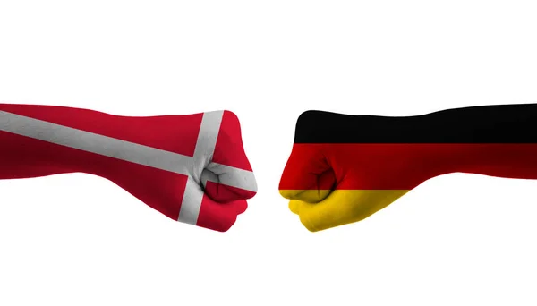 Německo Dánsko Ruční Vlajka Muž Ruce Vzorované Fotbalové Mistrovství Světa — Stock fotografie