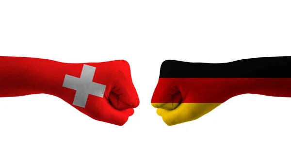 Německo Švýcarsko Ruka Vlajka Muž Ruce Vzorované Fotbalové Mistrovství Světa — Stock fotografie