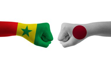 Japonya, Senegal el bayraklarına karşı. Adam ellerini futbol dünya kupasına koydu.