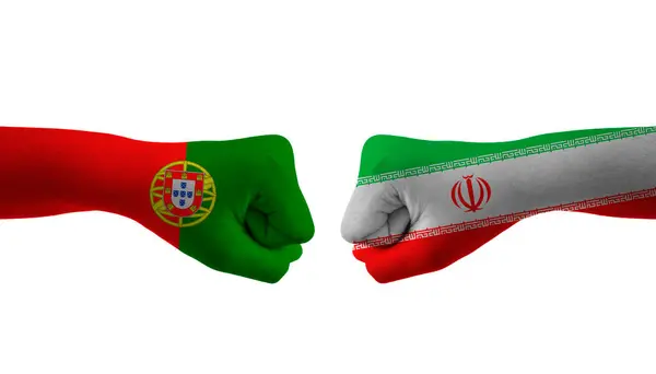 Iran Gegen Portugal Handfahne Mann Hände Gemustert Fußball — Stockfoto