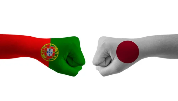 Japão Portugal Mão Bandeira Homem Mãos Modelado Futebol Copa Mundo — Fotografia de Stock